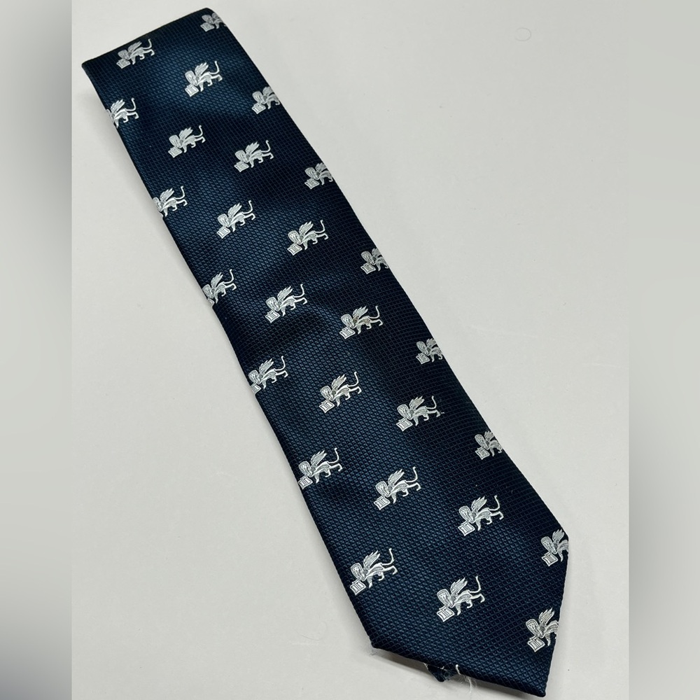 Navy Blue Tie with Silver Lion Pattern